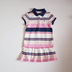 Tommy Hilfiger Navy Blue, White and Pink Striped Polo Pleated Dress Size 2T